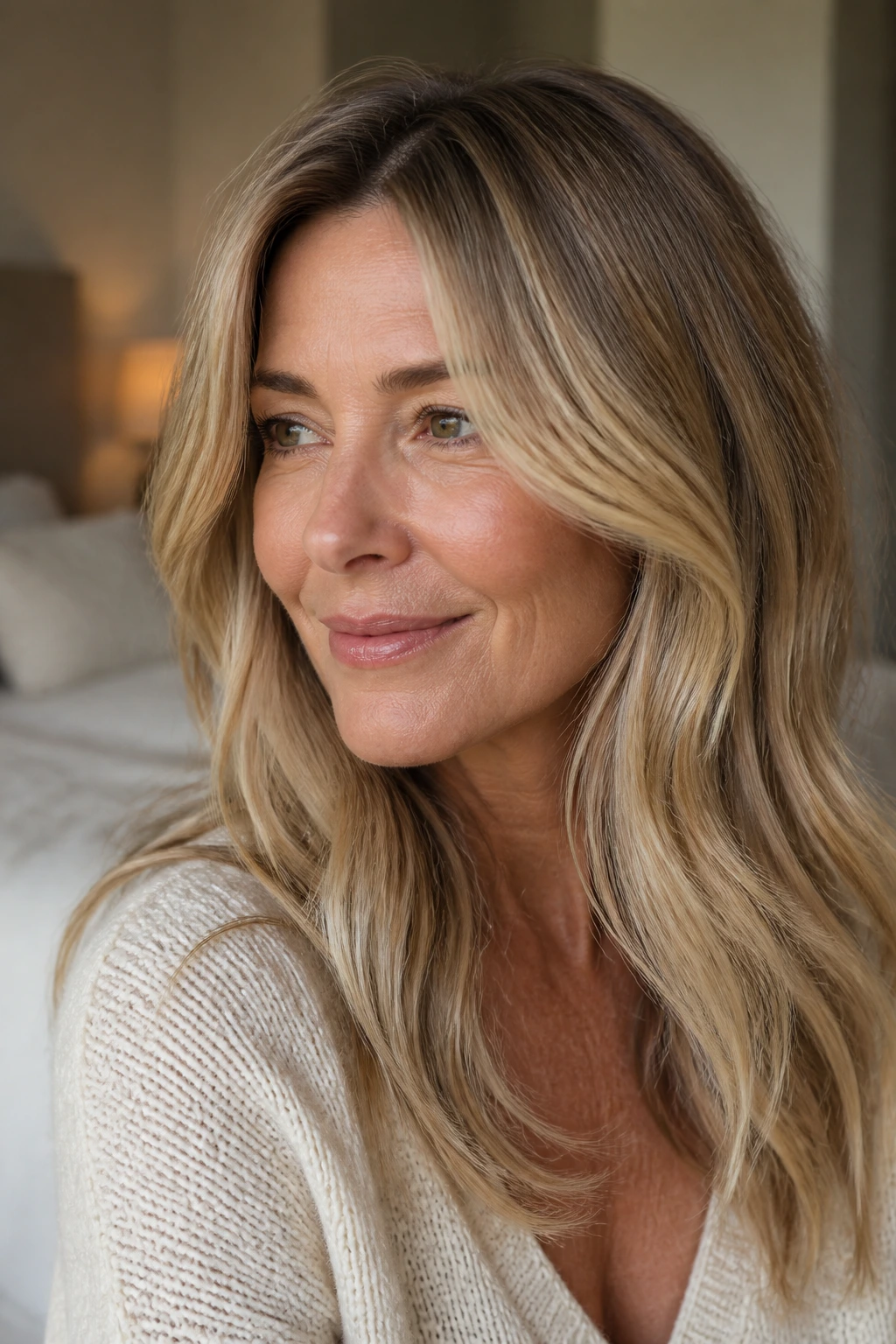 Close-up portrait of a real woman with dirty blonde hair and a soft root melt in warm natural light