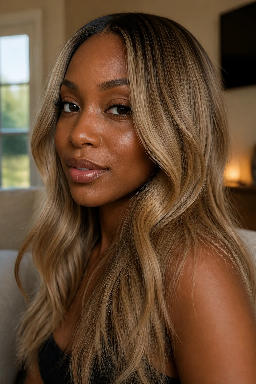 Close-up of dirty blonde hair with warm lowlights on a person