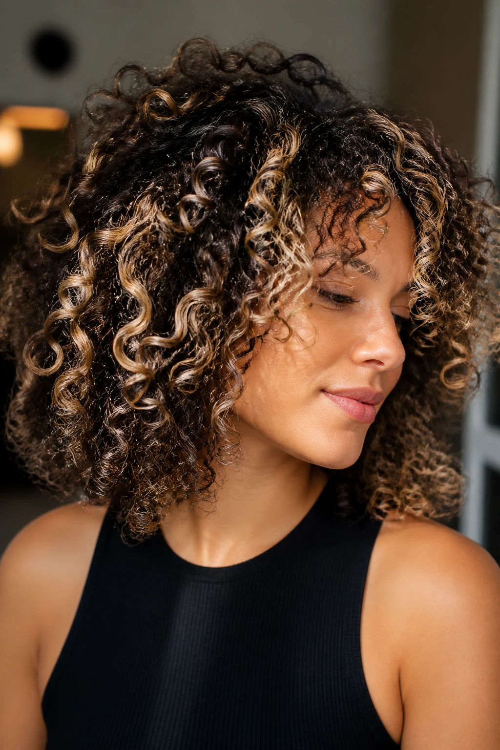 Close-up of a real person with bright disco highlights around curls