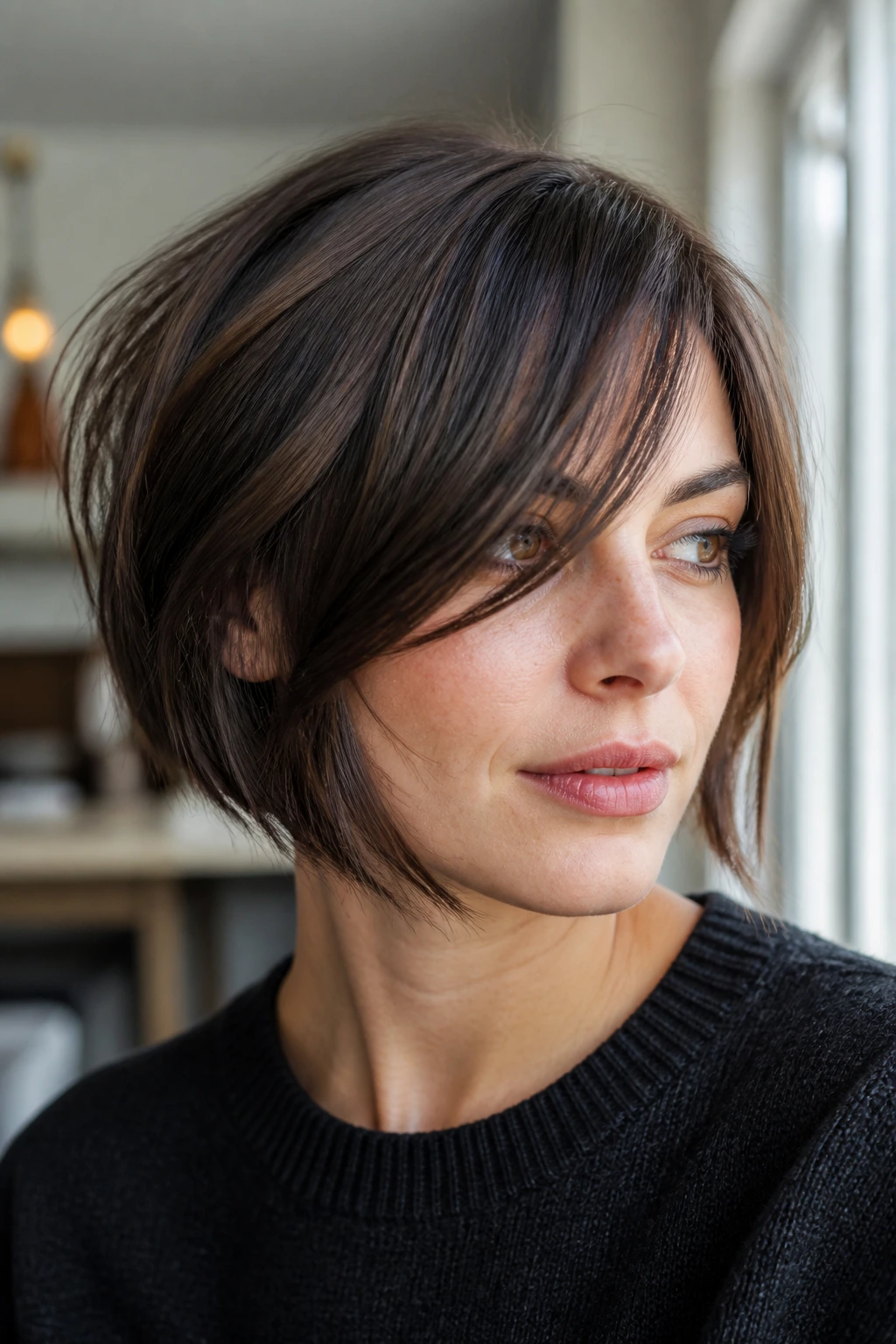 Close-up portrait of a real woman with a disconnected bob and long fringe in natural light
