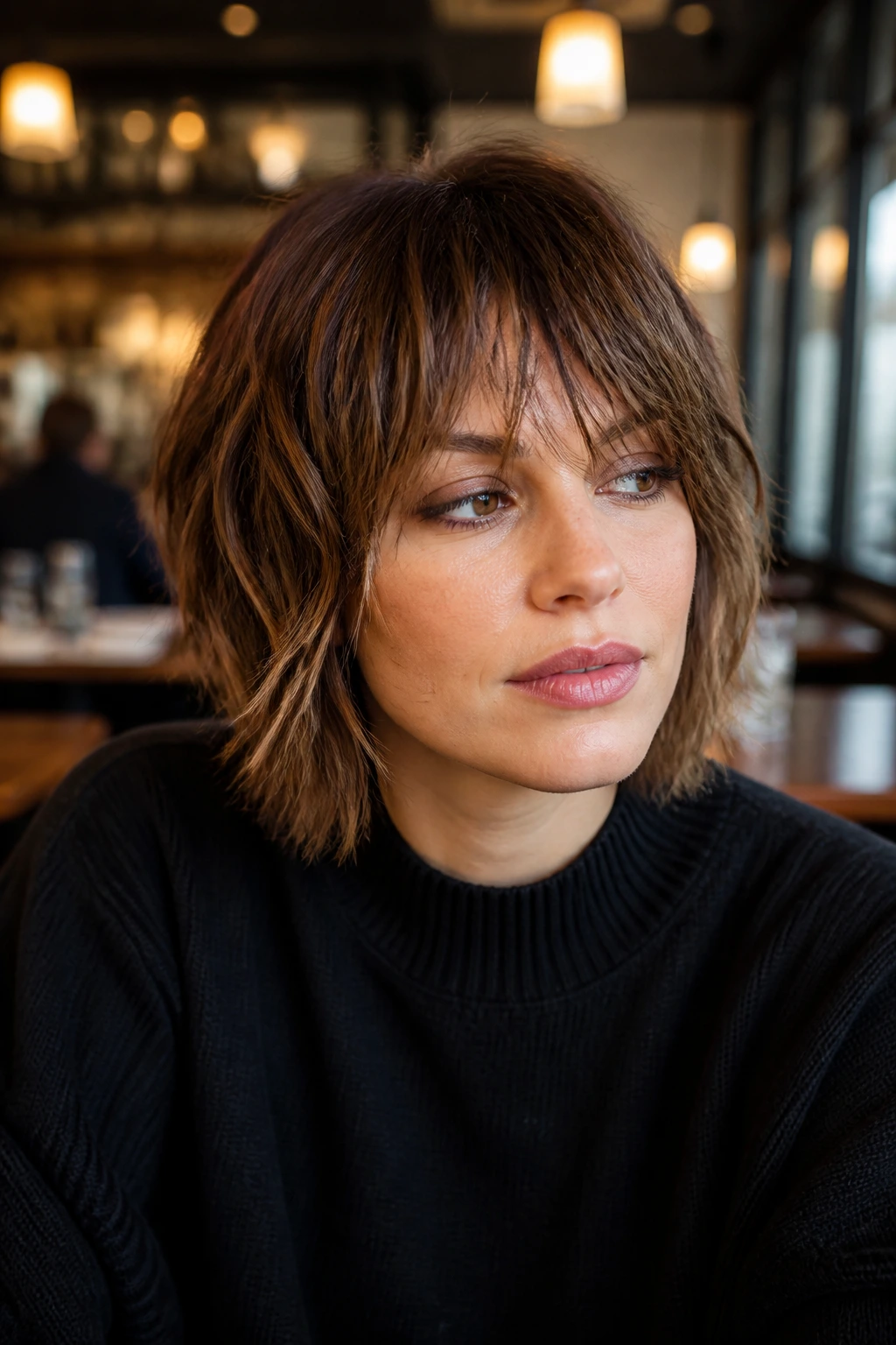 Close-up of a real woman with Disconnected Bob Shag featuring lifted interior layers.