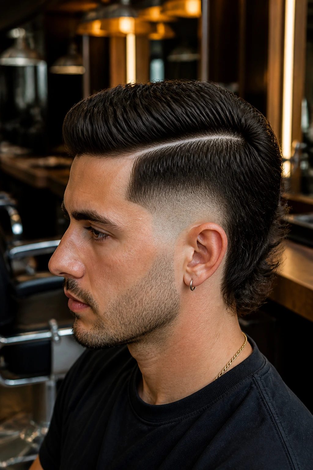 Close-up of a man with a disconnected fade and a sharp hard part, top about 2 inches
