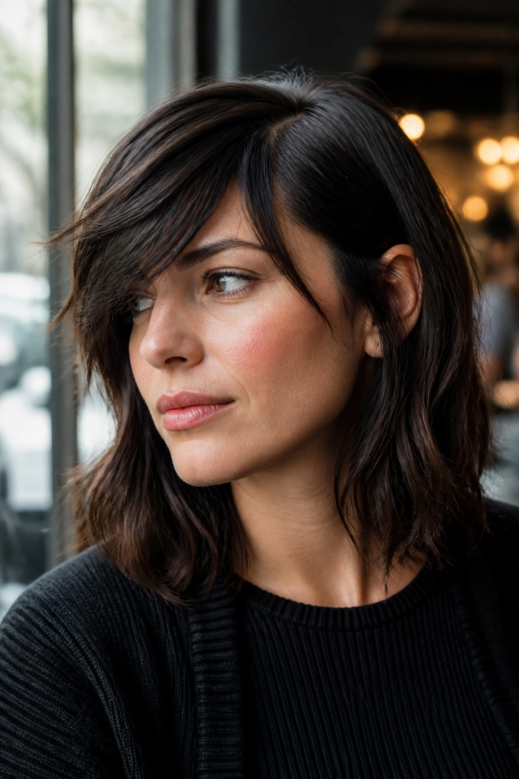 Real person with disconnected fringe and deep side part in natural morning light.