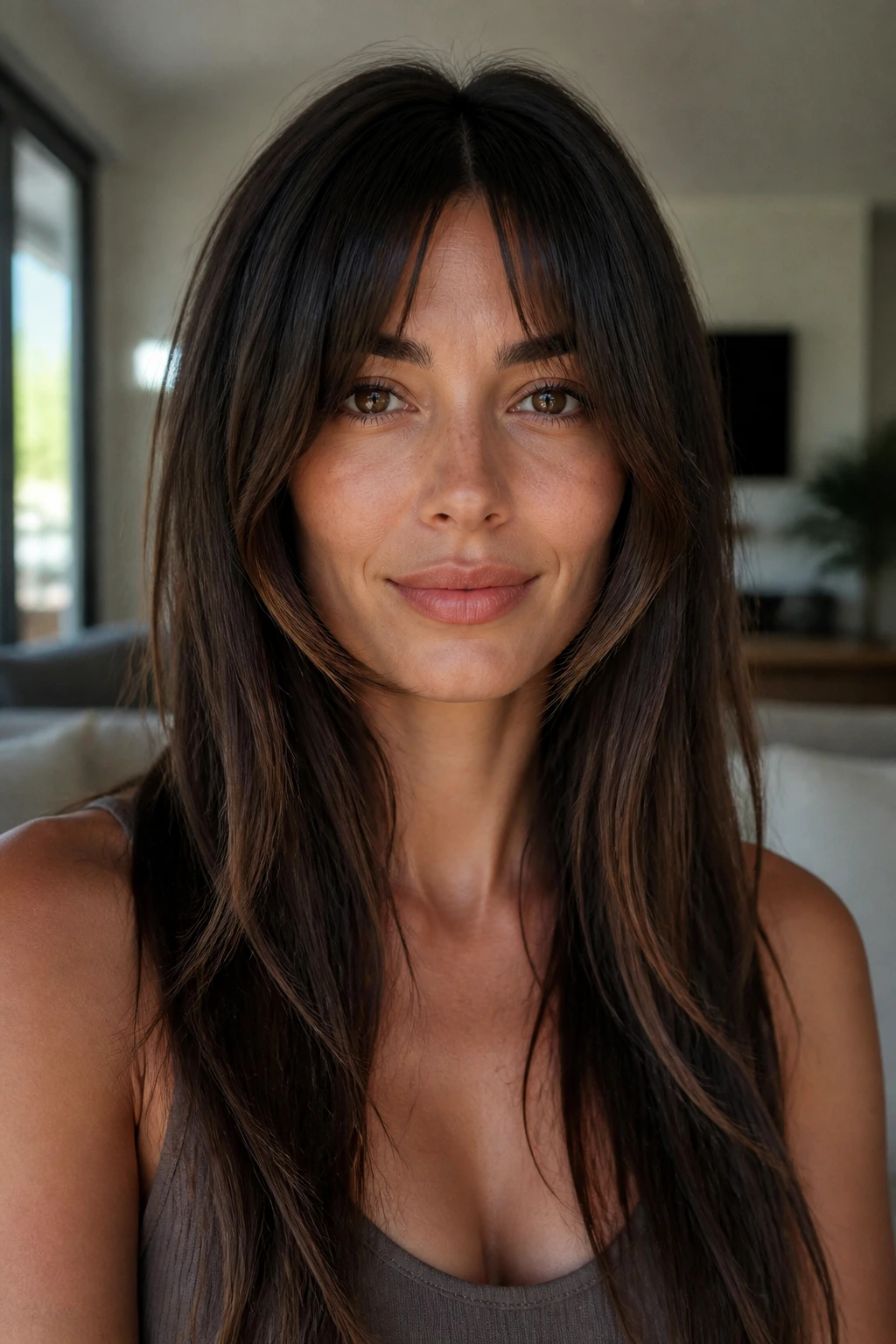 Close-up portrait of a real woman showing a disconnected fringe with long side pieces around the jaw in a softly lit living room