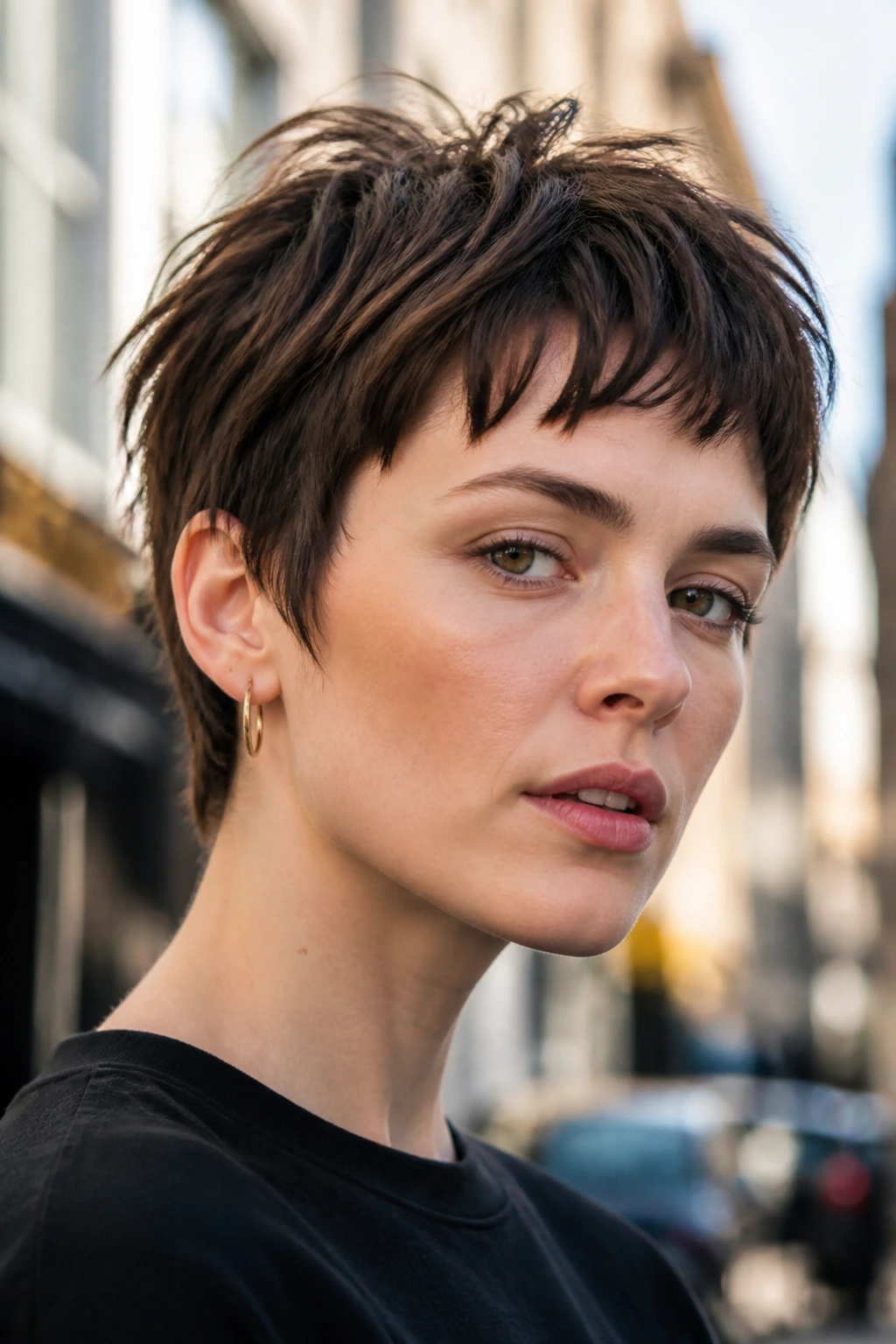Close-up of a real woman with a disconnected fringe on a tousled pixie