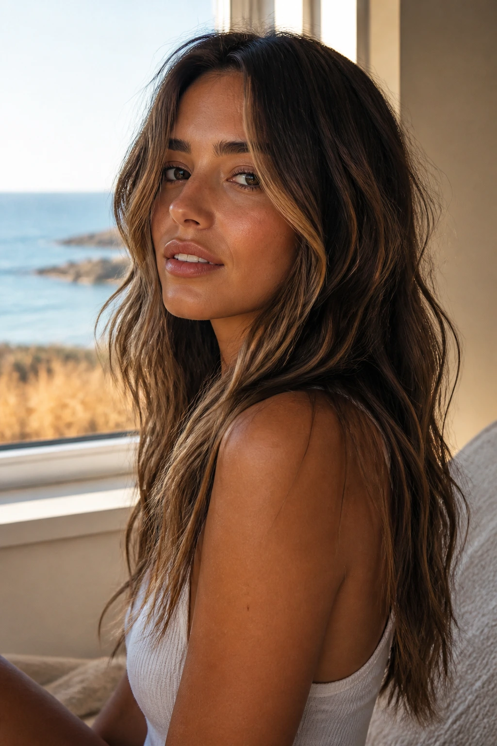 Close-up of a real person with disconnected front layers and solid length in beachy light