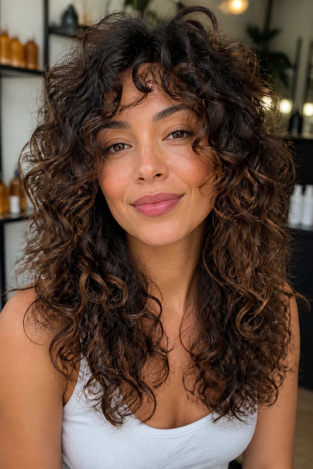 Close-up of a real woman with curly hair showing clearly separated layers