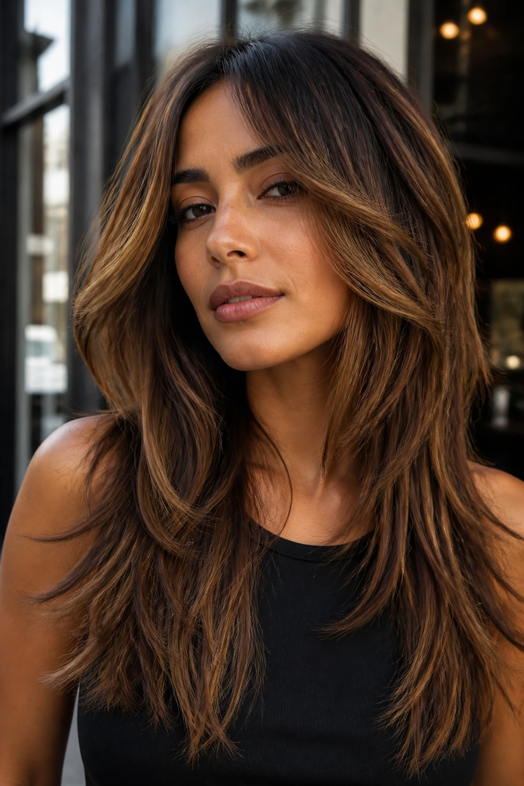 Portrait of a woman with disconnected long layers creating edge and attitude.