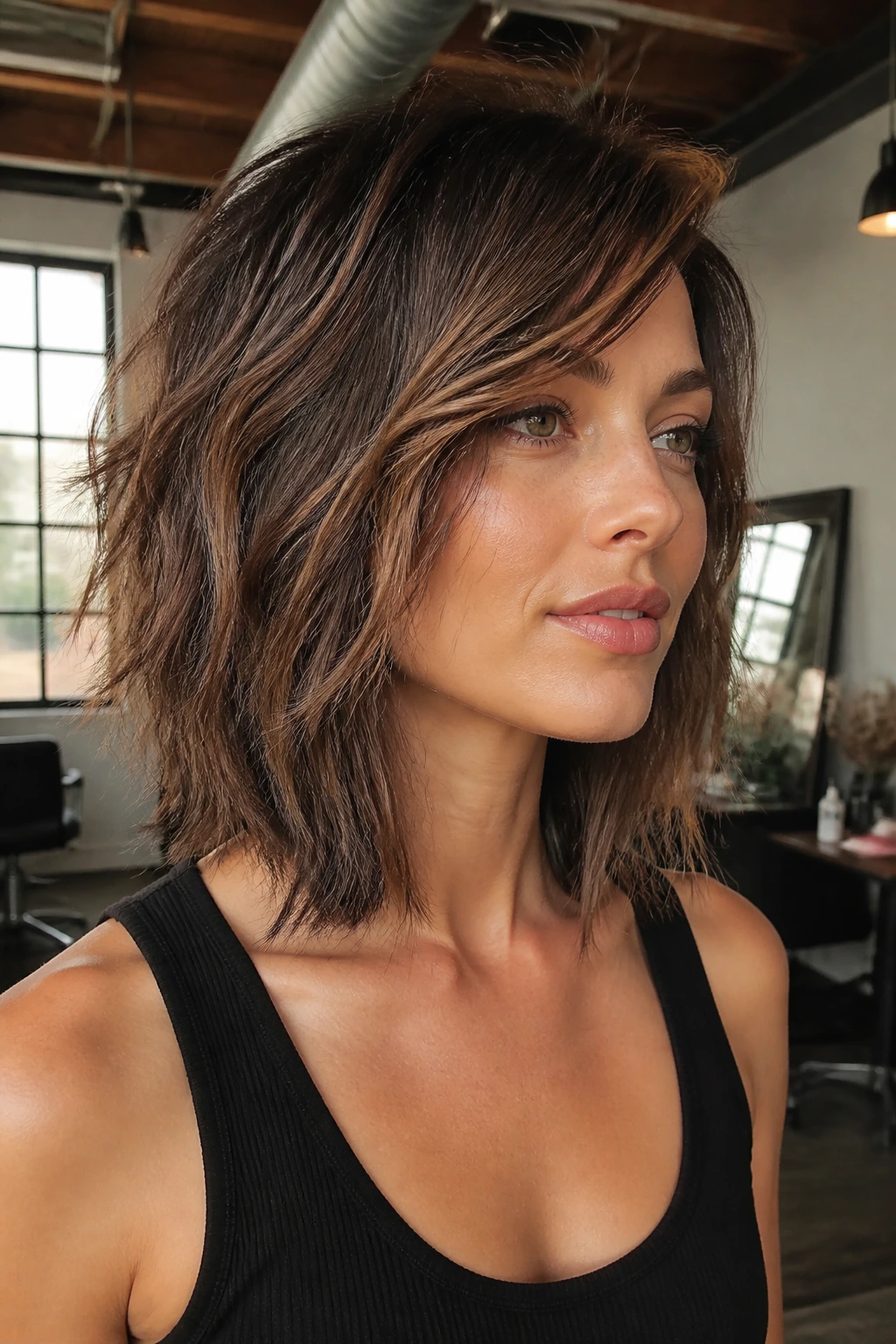 Three-quarter profile of a woman with a disconnected midi cut and chunky texture