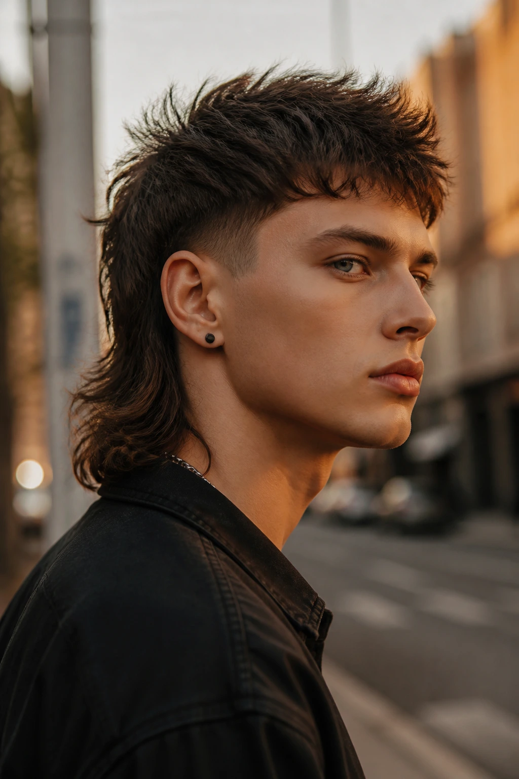 Close-up of a real person with a bold disconnected mullet shag