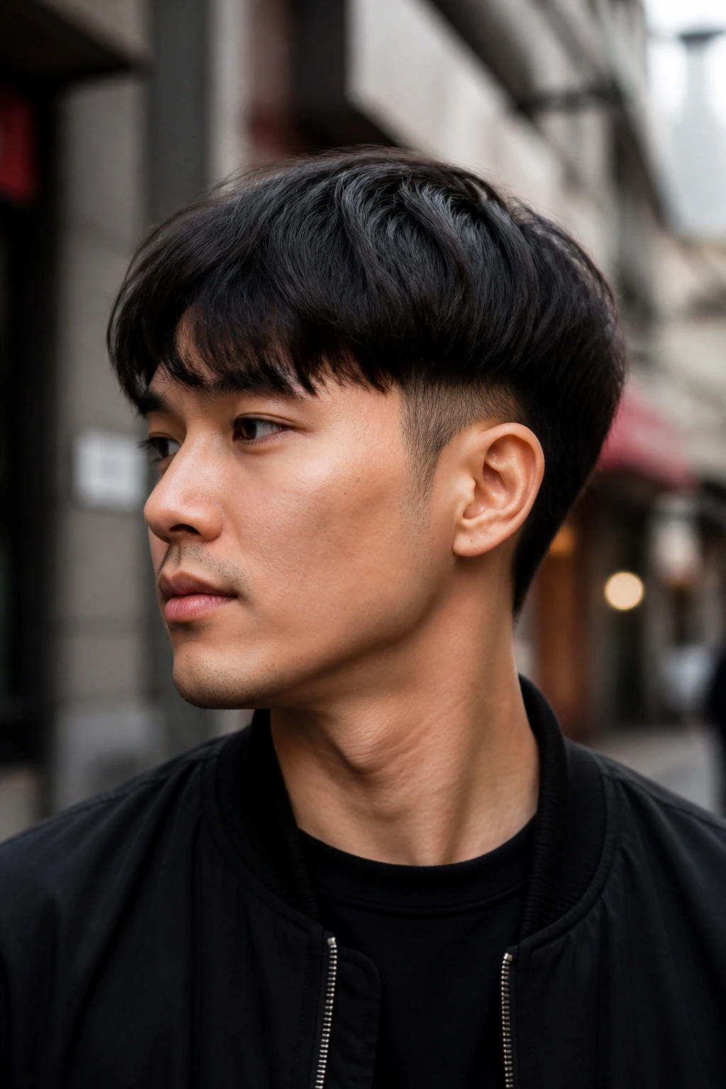 Head-and-shoulders portrait of a real man with Disconnected Pageboy With a Hidden Undercut, top rounded and hidden undercut.