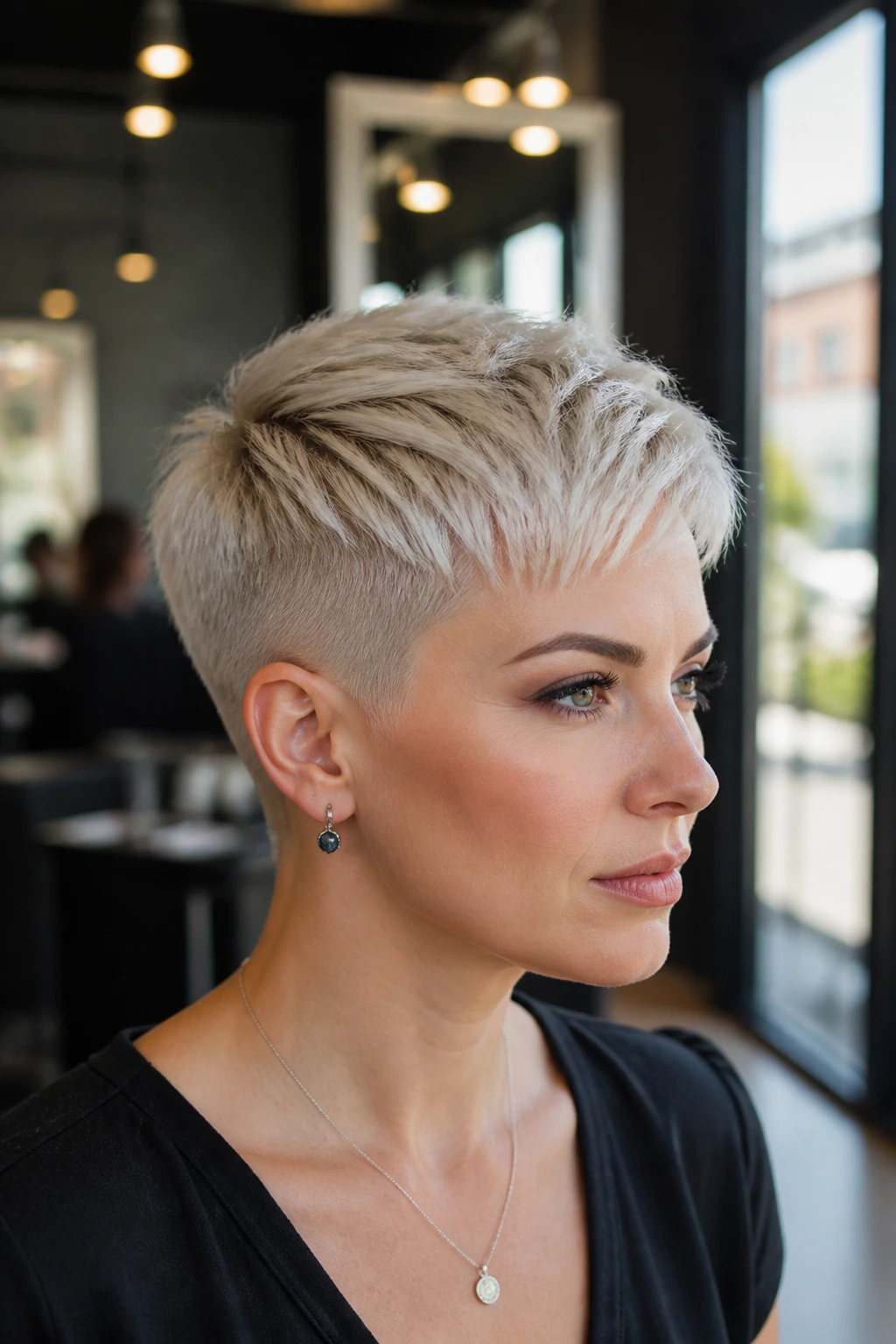 Close-up of a real woman with a disconnected platinum pixie and clean sides, showing a sharp disconnect line.