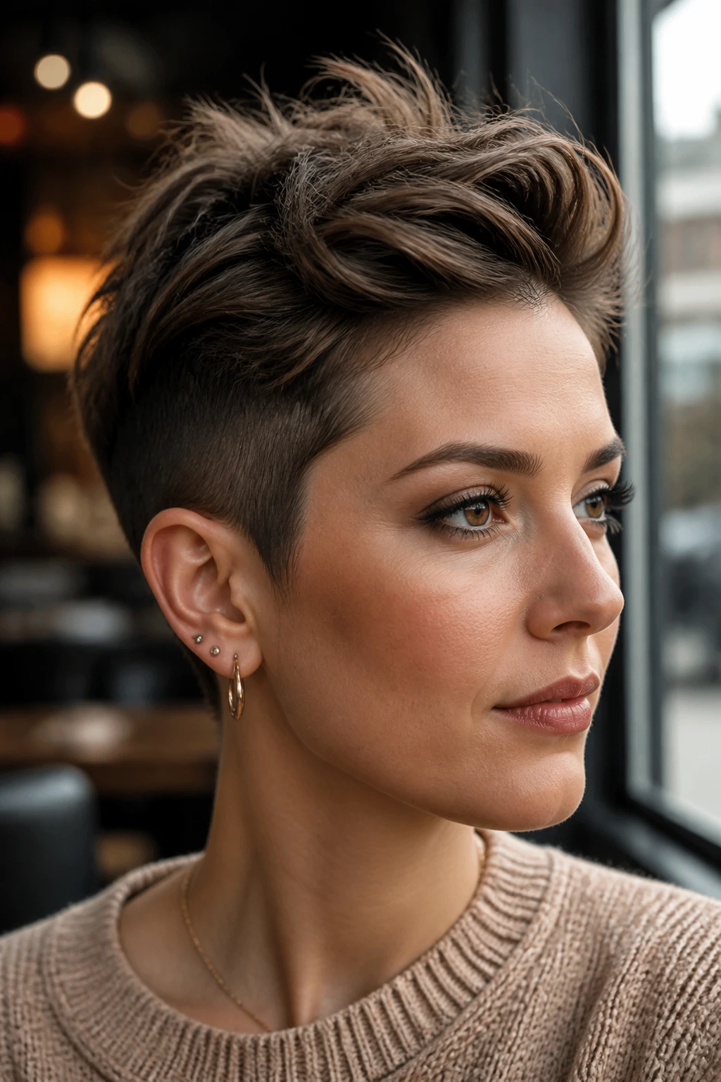 Close-up portrait of a real woman with a distinct top-side disconnected pixie