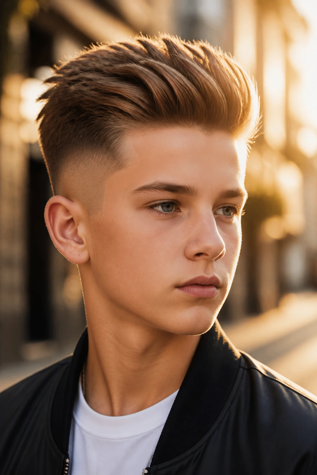 Close-up of boy with disconnected quiff on city street at golden hour