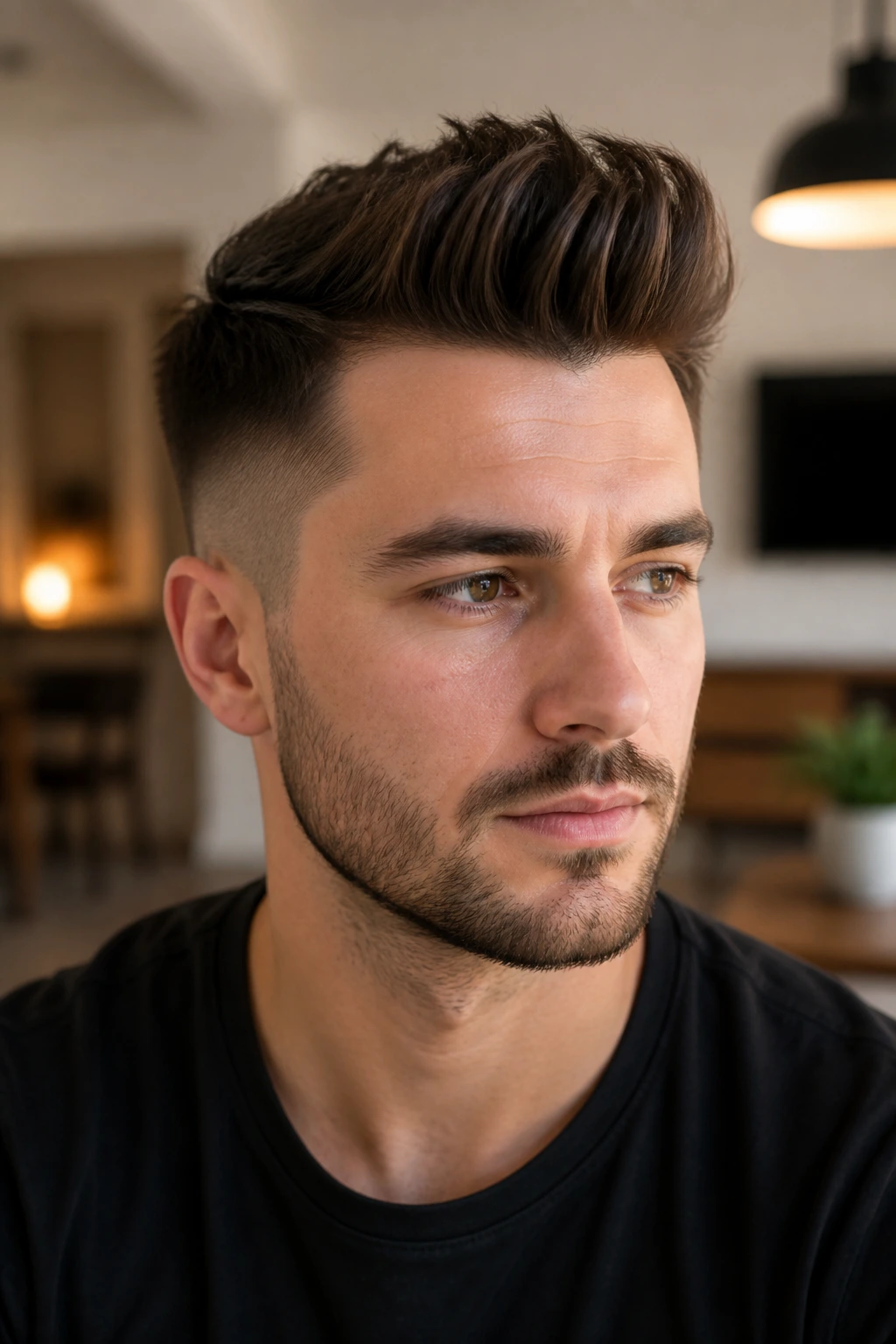 Close-up portrait of a real person with a disconnected quiff in a warm living-room setting