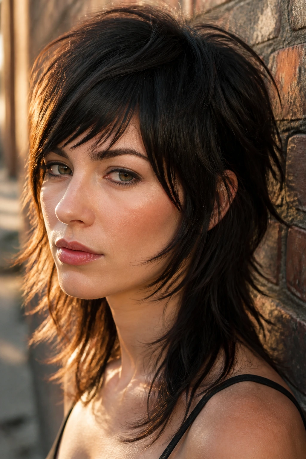 Close-up portrait of a real person with a disconnected shag and angled bangs