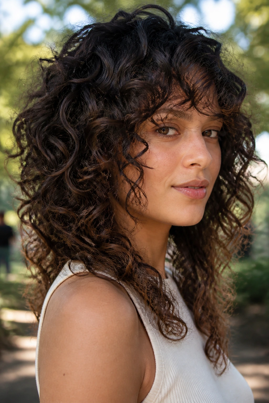 Portrait of a real woman with disconnected spiral layers and architectural shape.