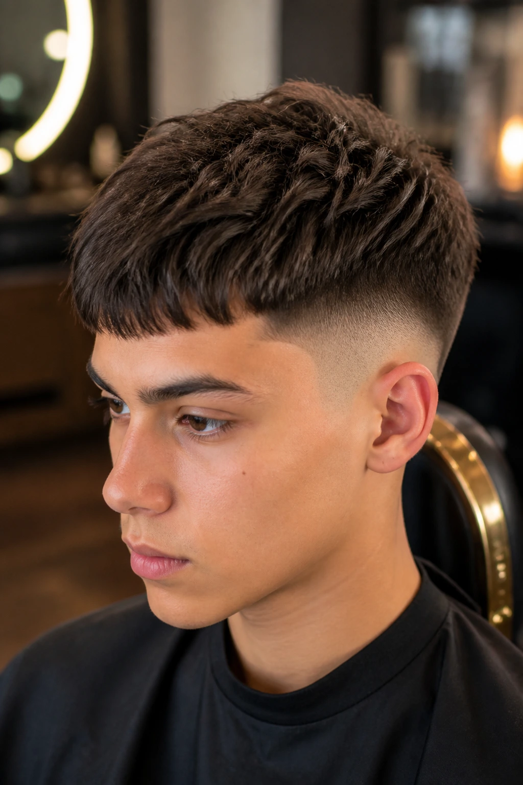 Close-up of teen with disconnected crop and temple fade, hair textured and forward-falling
