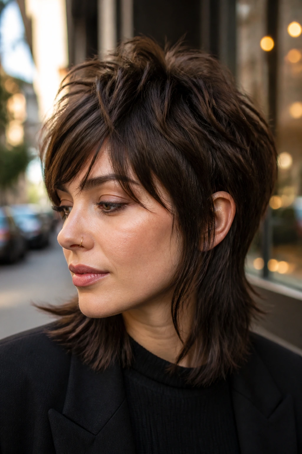 Real woman with disconnected top-heavy shag showing top texture and separated lower lengths.
