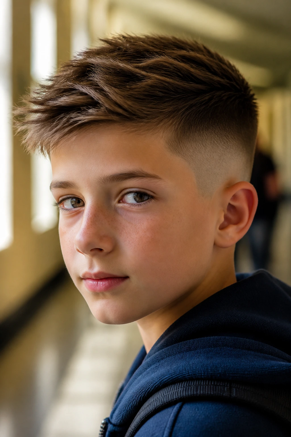Close-up portrait of a real boy with a disconnected undercut; short sides, 2–3 inch top, matte texture.
