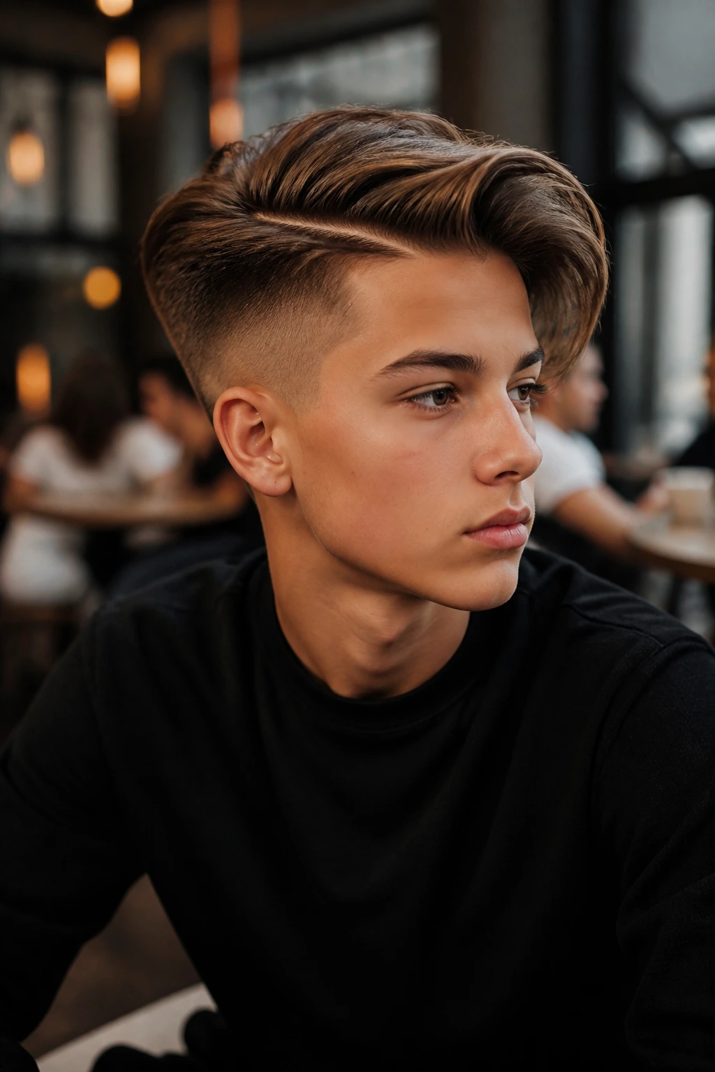 Boy with disconnected undercut in city cafe