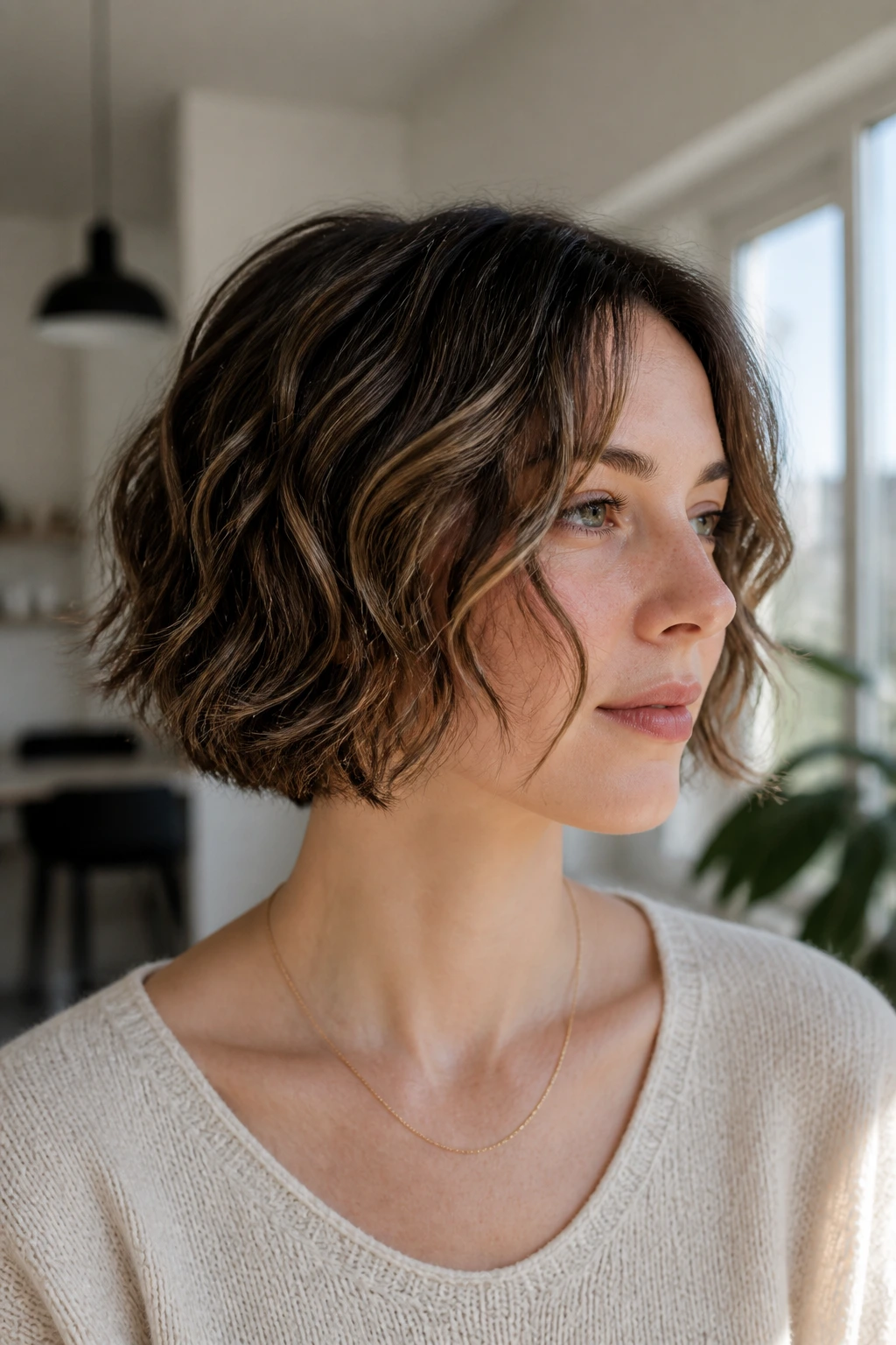 Close-up of a real woman with a disconnected wavy bob.