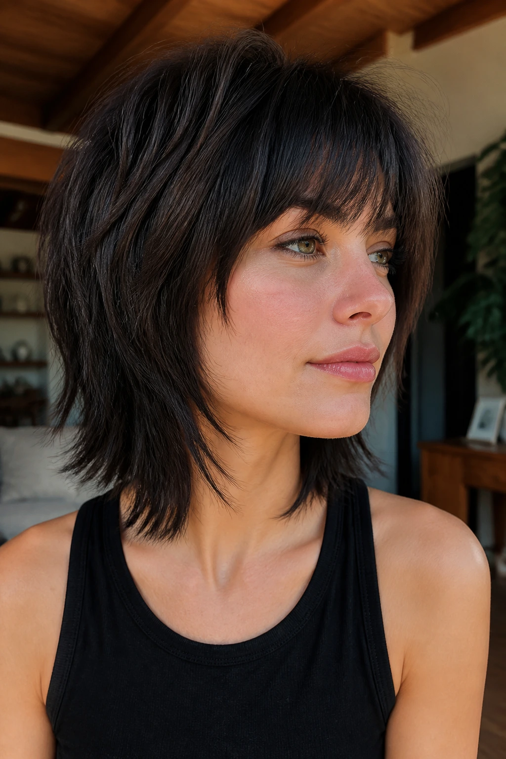 Close-up portrait of a real woman with a disconnected wolf bob
