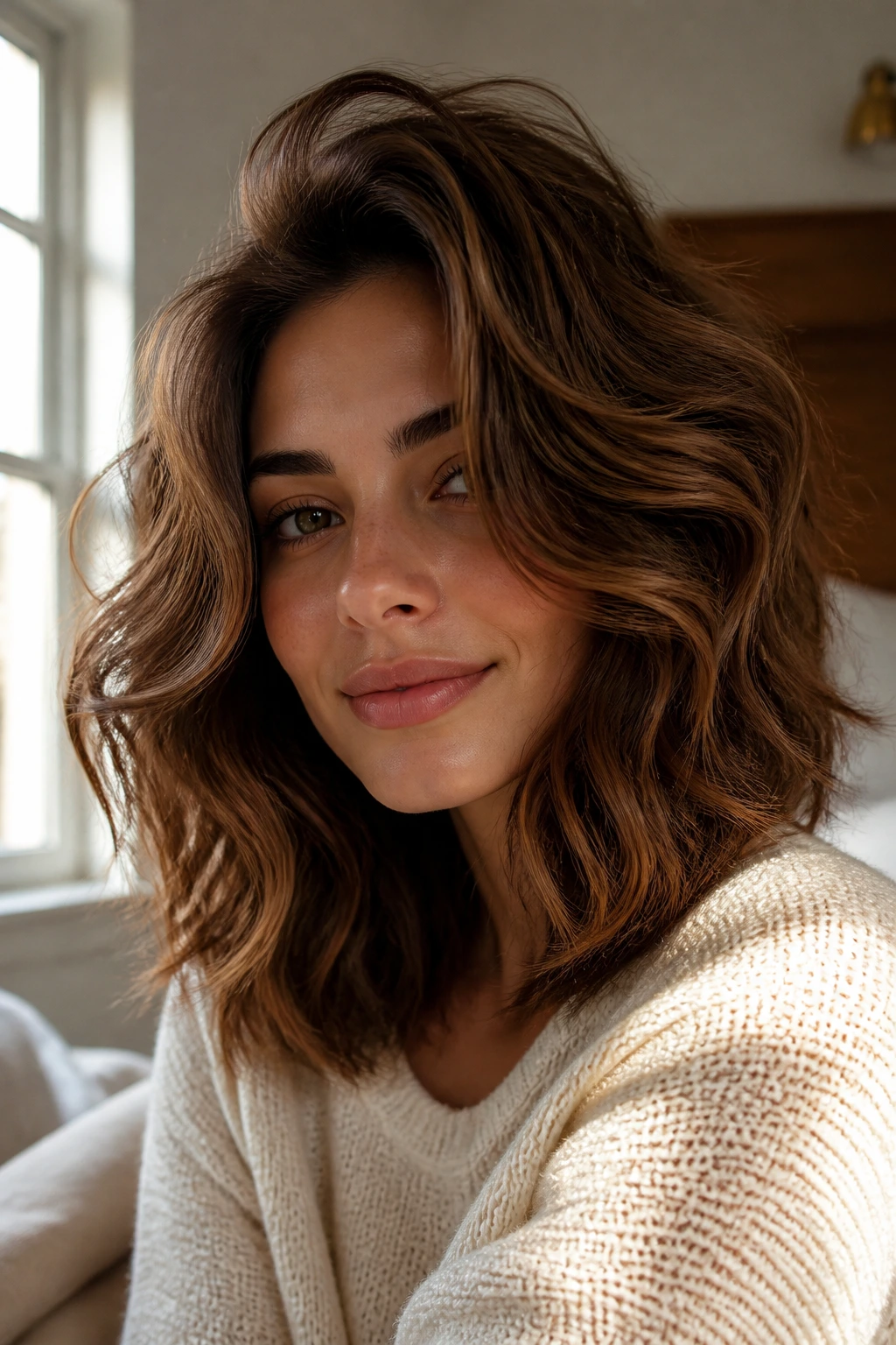 Close-up portrait of a real woman with voluminous medium-length waves and a lifted crown