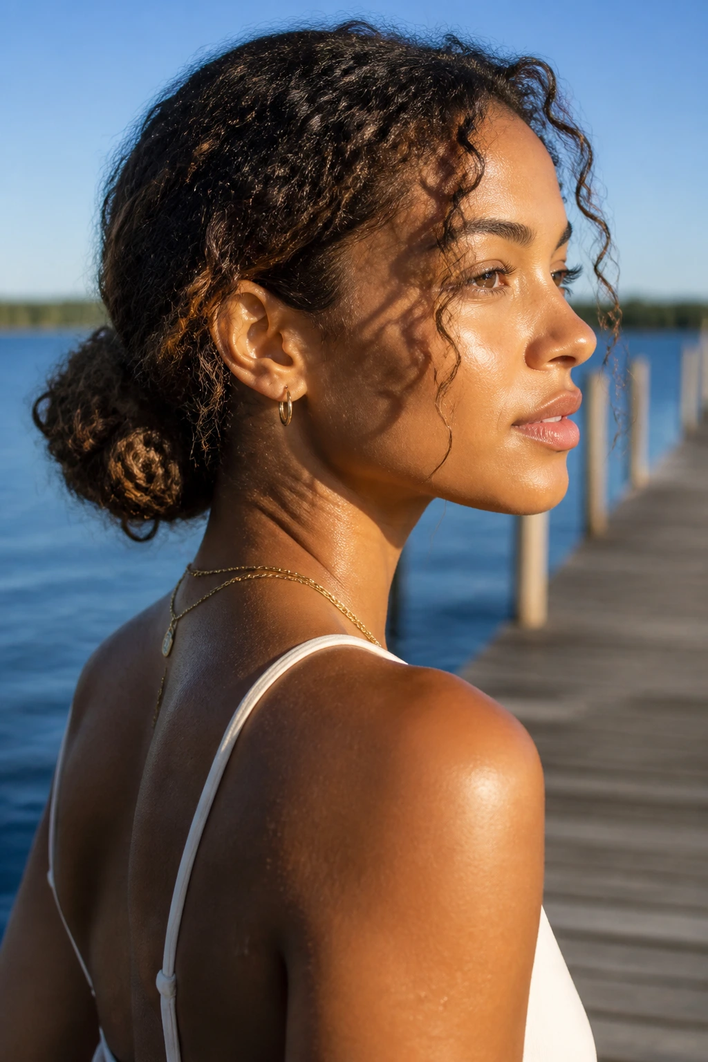 Close-up of a woman with a dock-ready low bun hairstyle