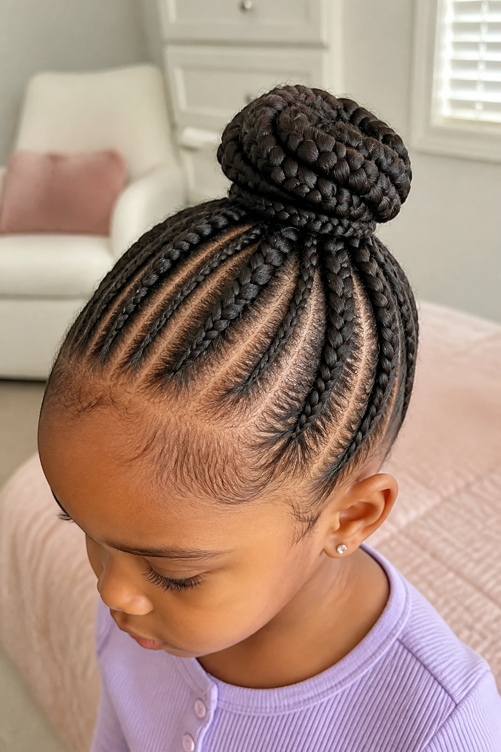 Close-up of a real child with a compact donut bun built on braided base.