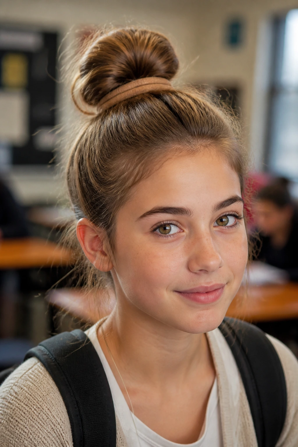 Close-up of a real student wearing a small donut bun for fine hair
