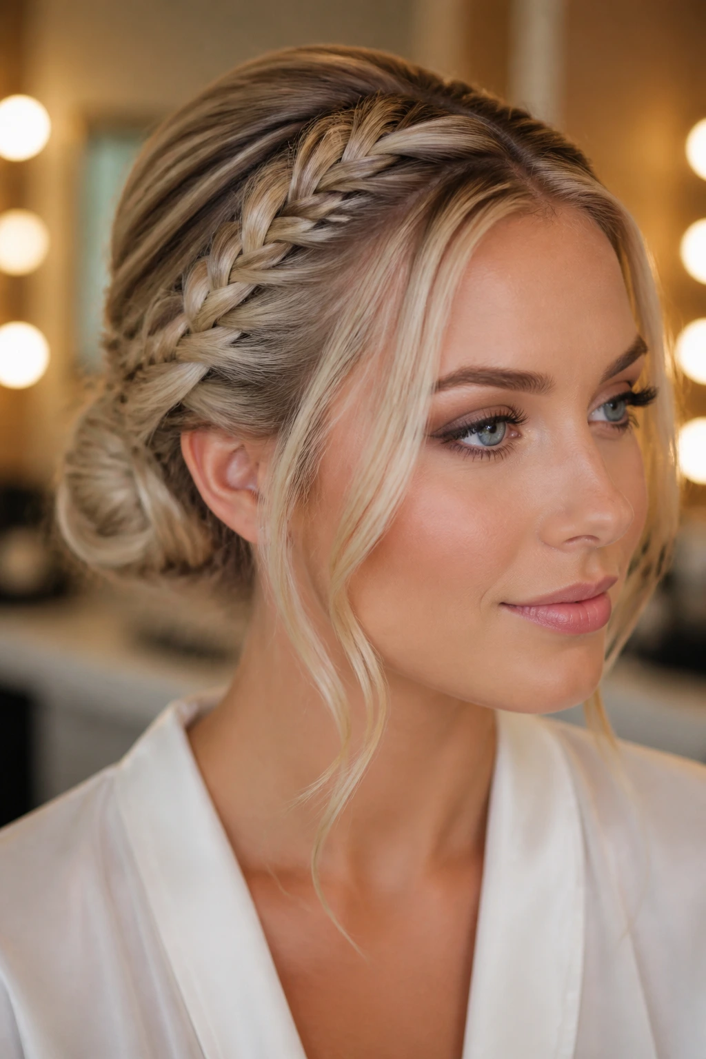 Close-up of a real woman showing two braids into a low bun with defined sides