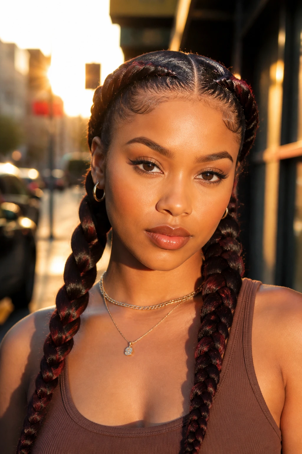 Close-up of a real woman with Double Braids and Cherry-Cola Lowlights