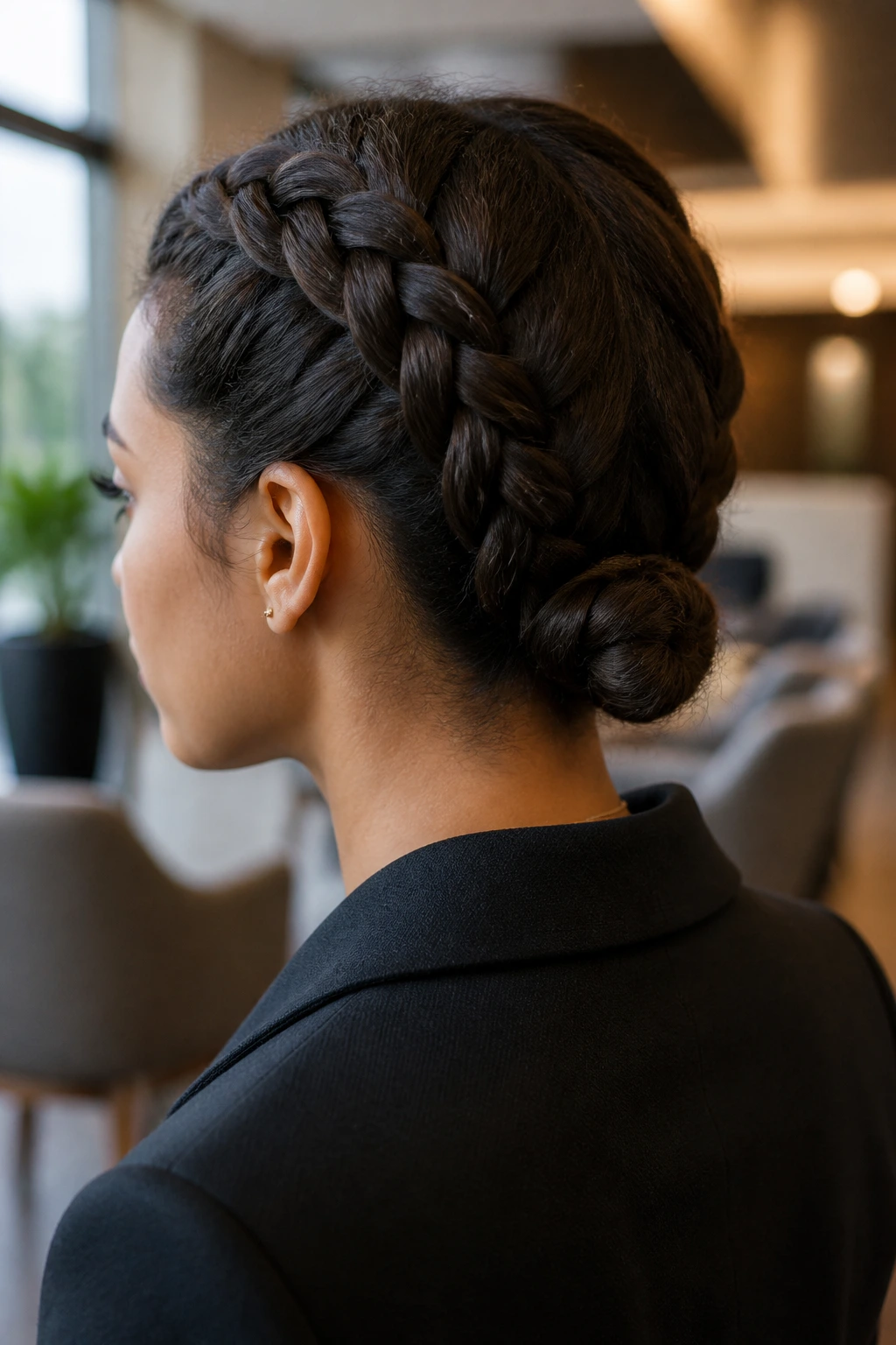 Real woman with two braids forming a low knot at the nape in an office setting