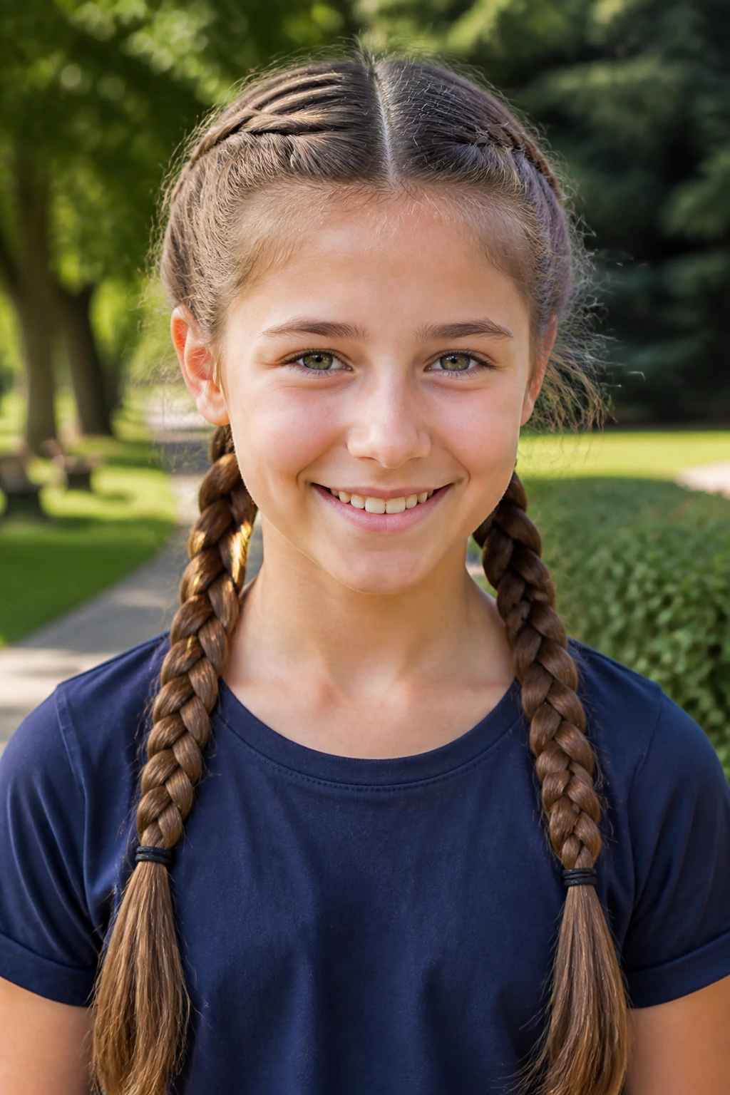 Close-up of a real child with two low braids parted mid-head outdoors