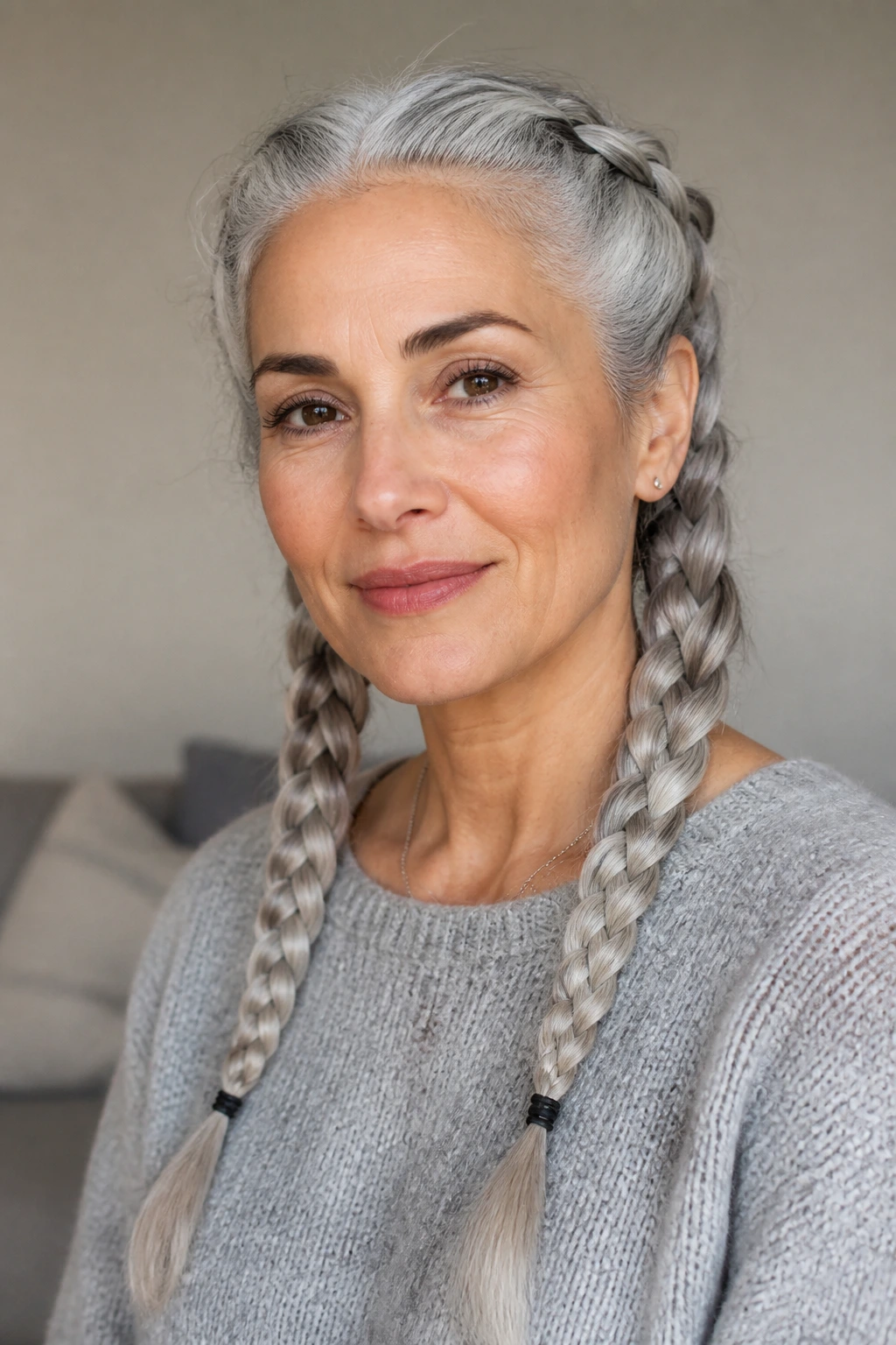 Close-up of a real woman with two side braids in cool silver hair