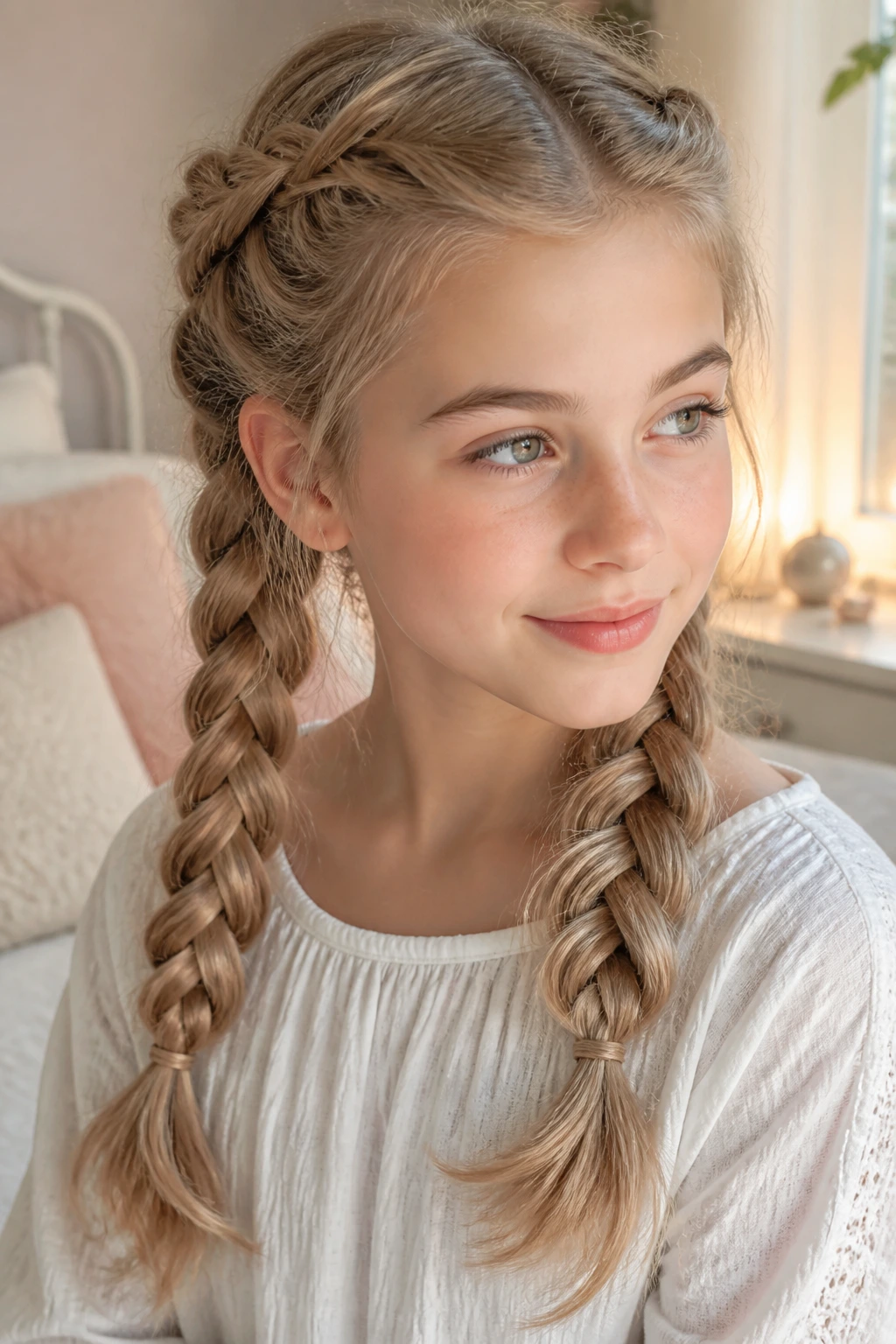 Close-up of a real girl with two soft, loosely braided double braids