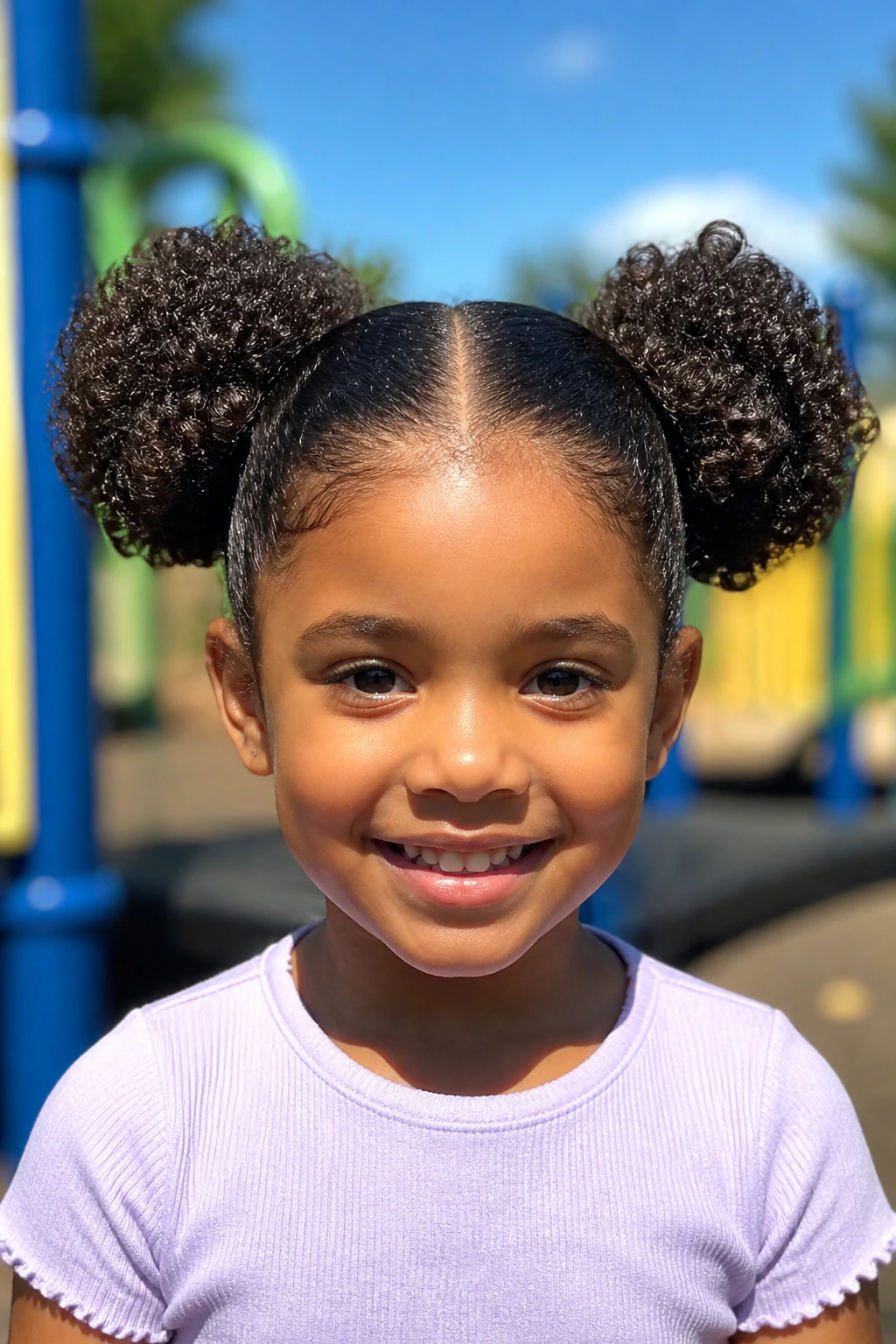 Girl with double bubble puffs hairstyle, portrait outdoors