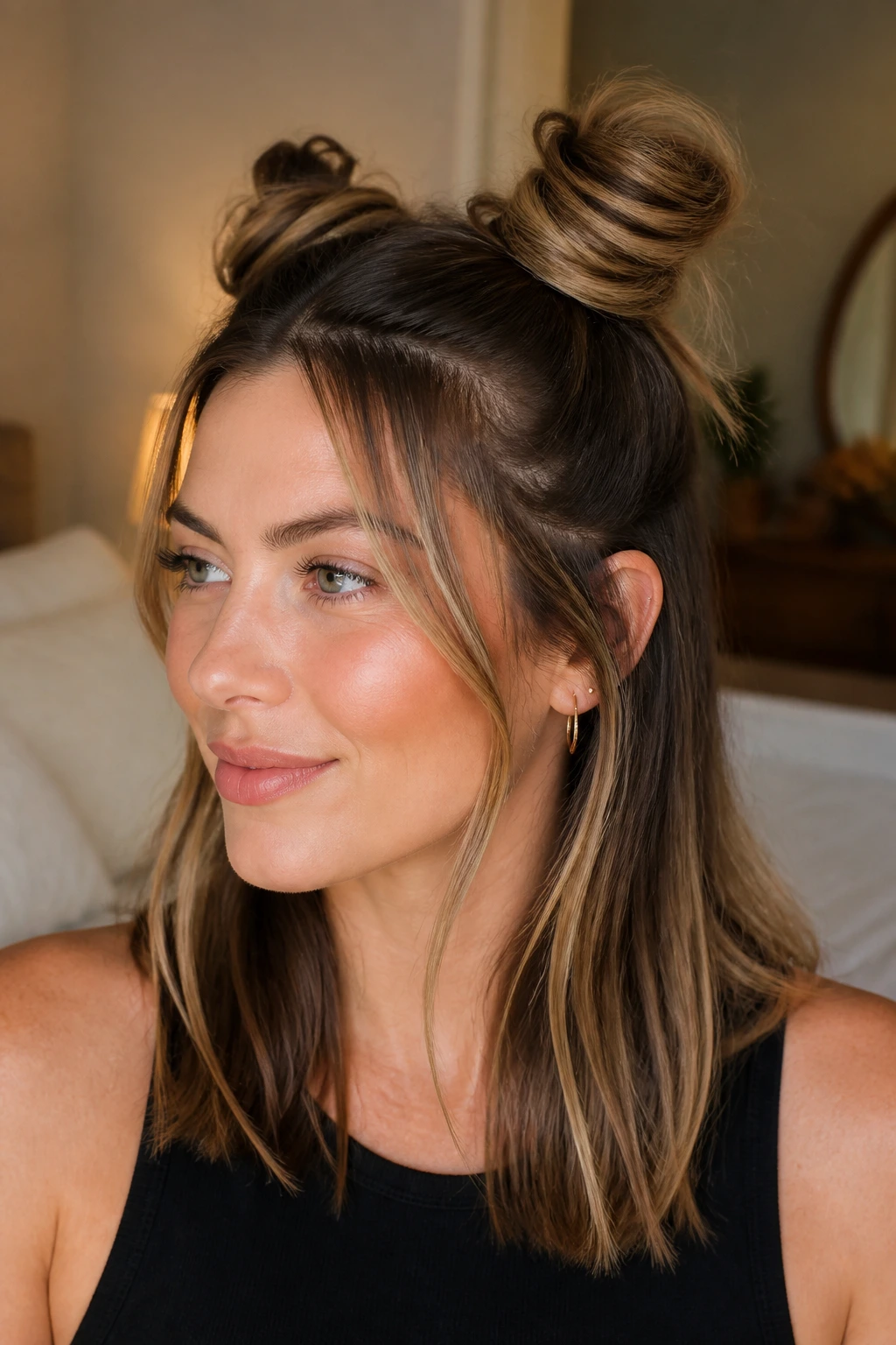 Portrait of a woman with double mini buns half-up