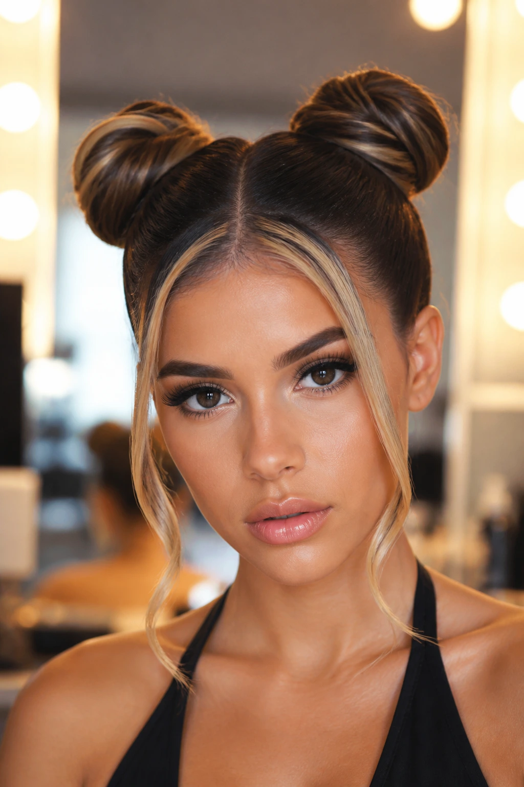 Close-up of a real woman with satin-smooth double buns and sculpted money pieces framing her face