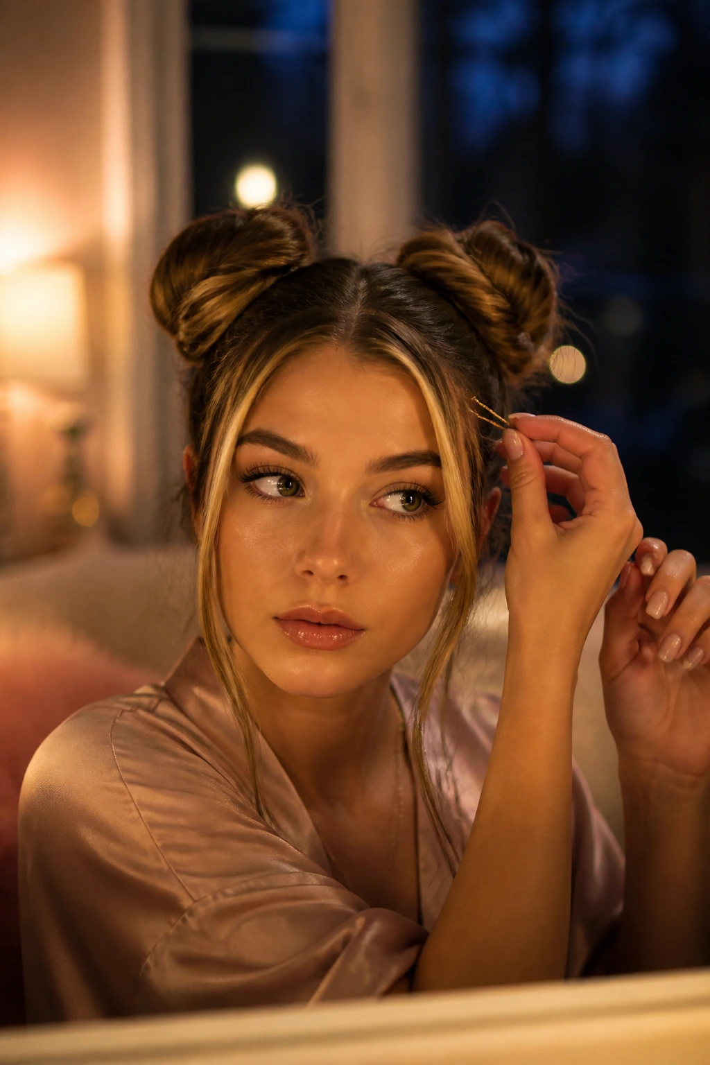 Close-up of a real person with double buns and money-piece framing in warm night light