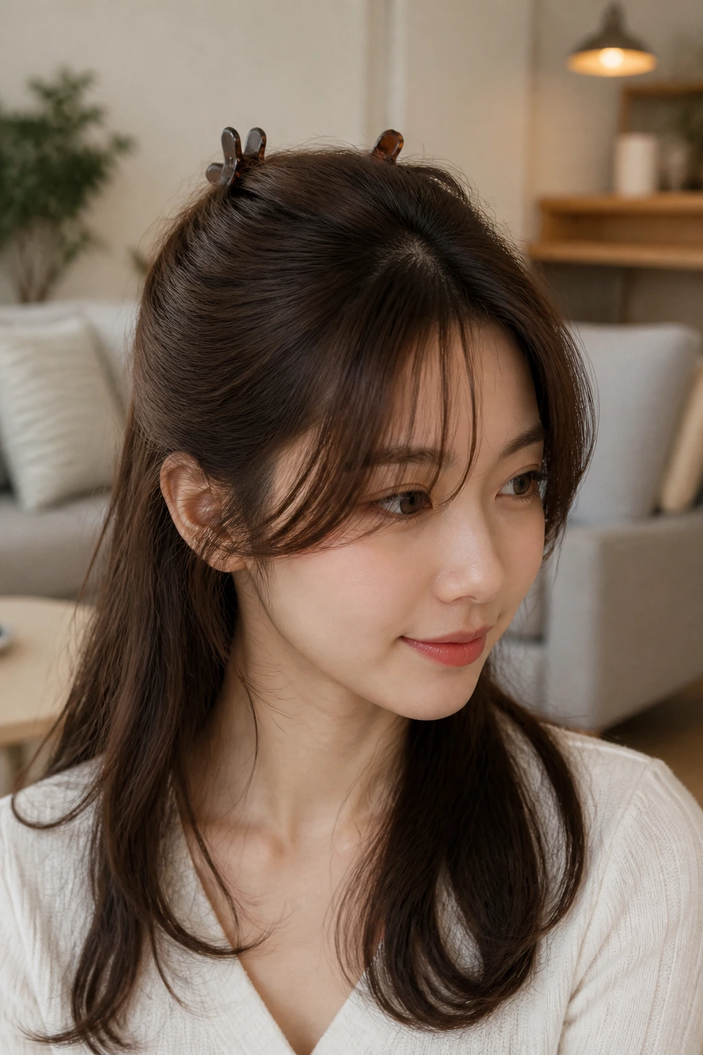 Double-clip half-up with curtain bangs, close-up portrait of a real woman