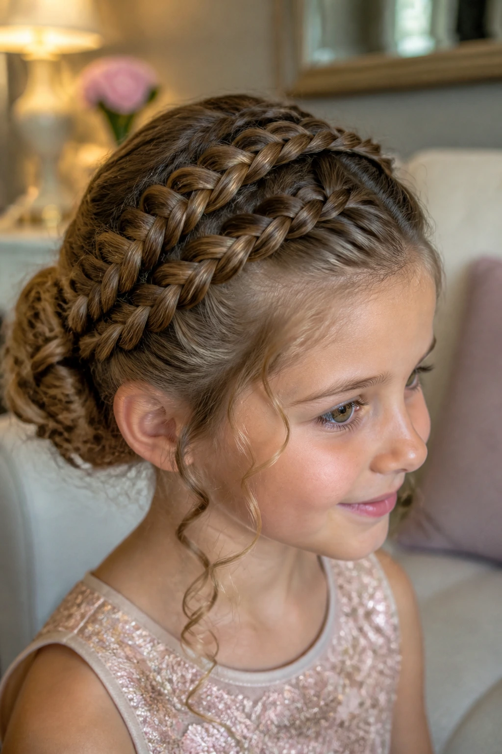 Close-up of a real girl with double crown braids leading into a bun