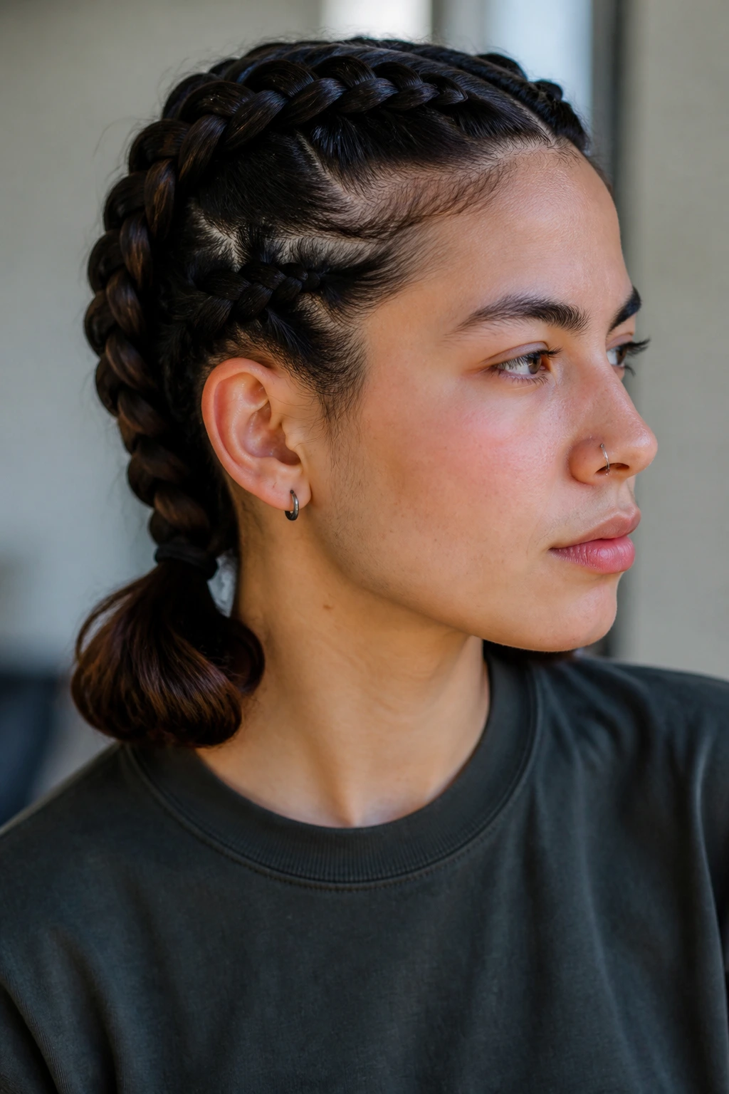 Real person with two Dutch braids reaching the nape