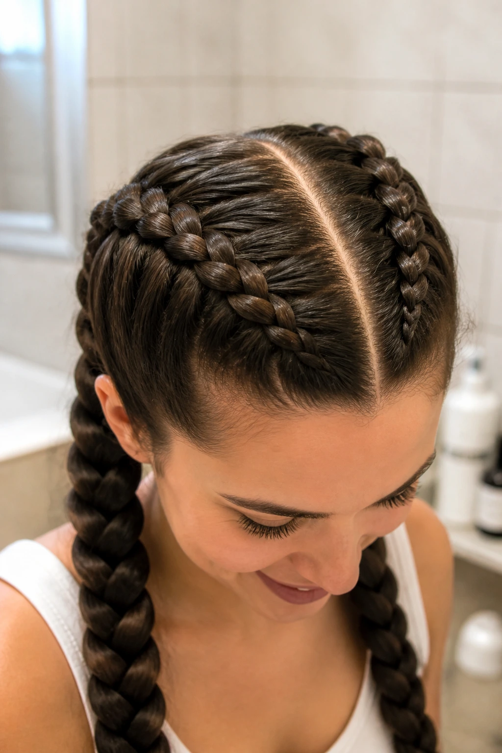Close-up of a real woman with two Dutch braids along the hairline