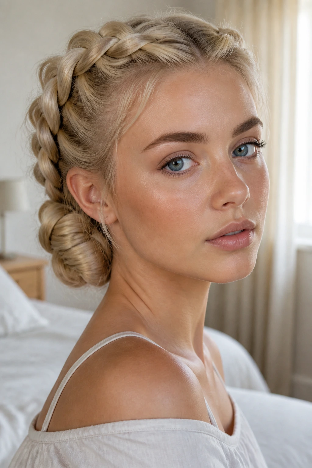 Close-up of a woman with two Dutch braids forming a low bun in bright daylight.