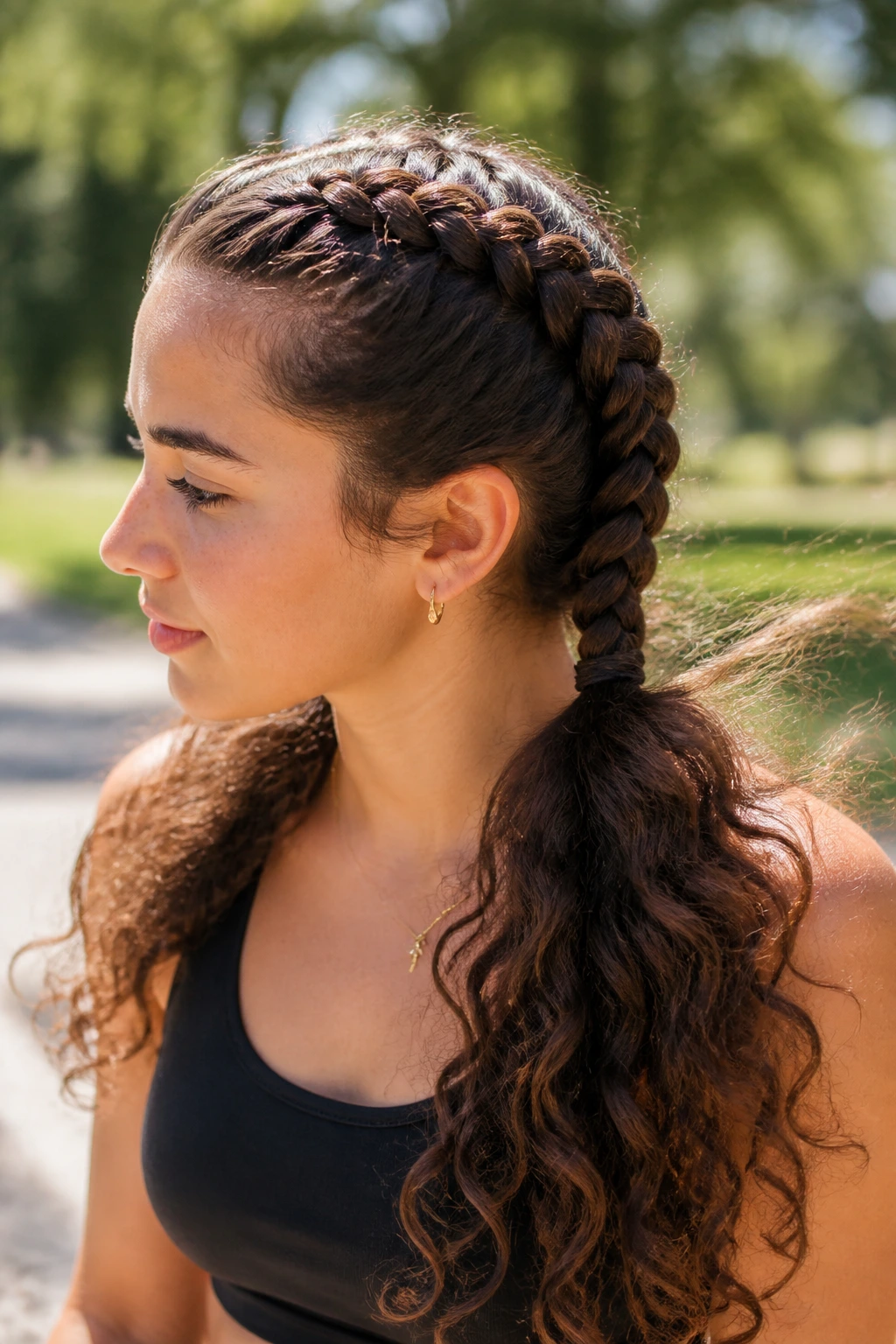 Medium close-up of a real woman with double Dutch braids on long curly hair.