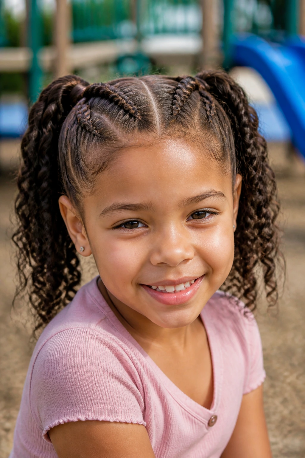 Close-up of double Dutch braids on a curly-haired child at a playground