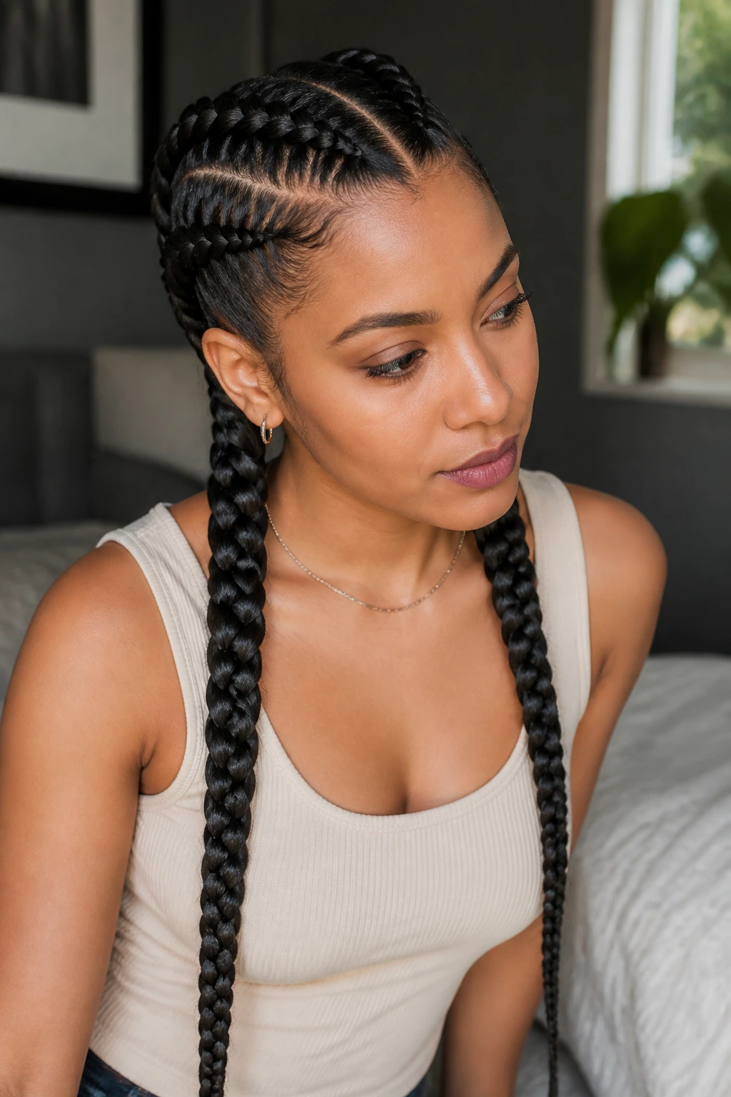 Real person with double Dutch braids flowing into long plaits
