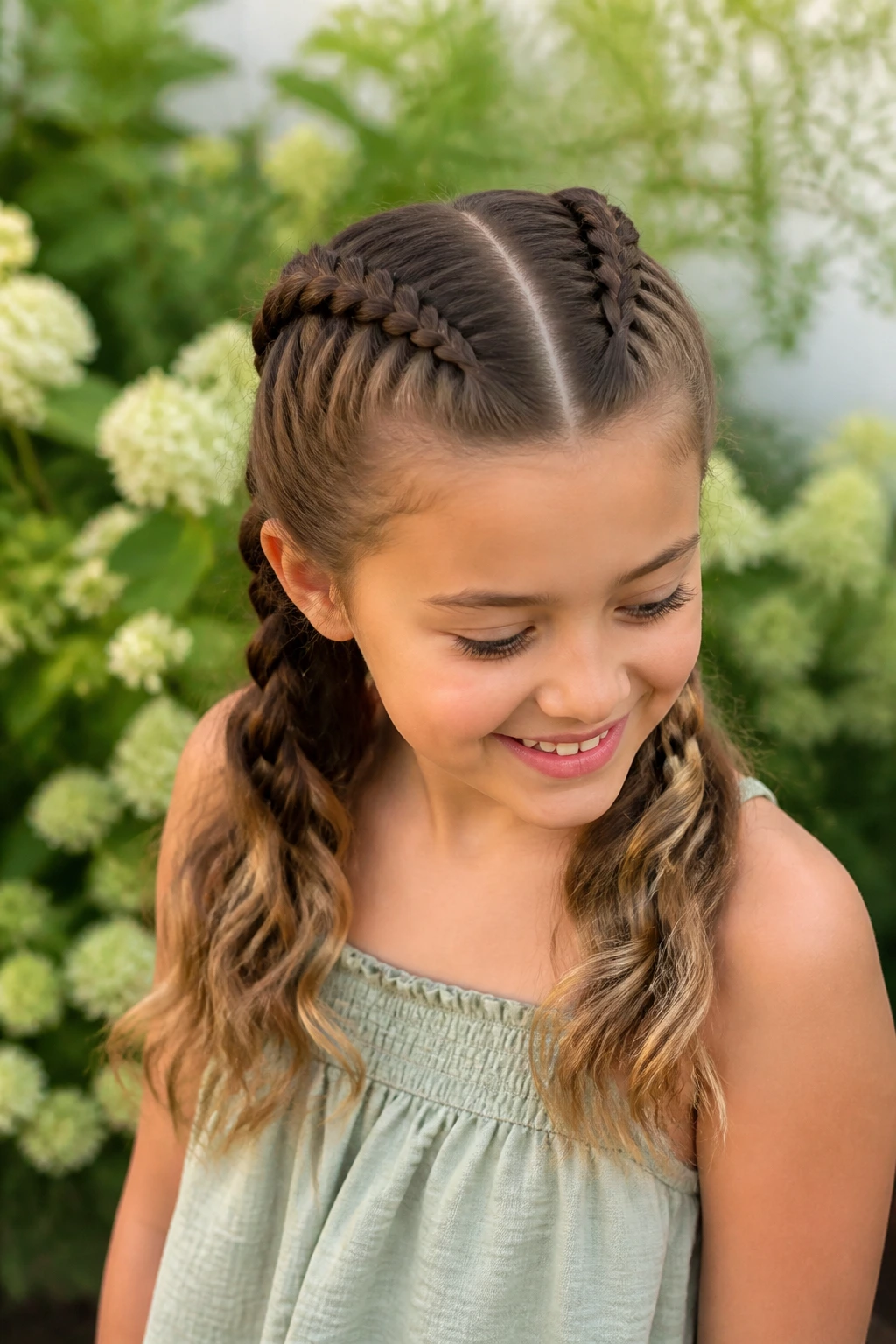 Close-up of a real child with double Dutch braids and loose ends